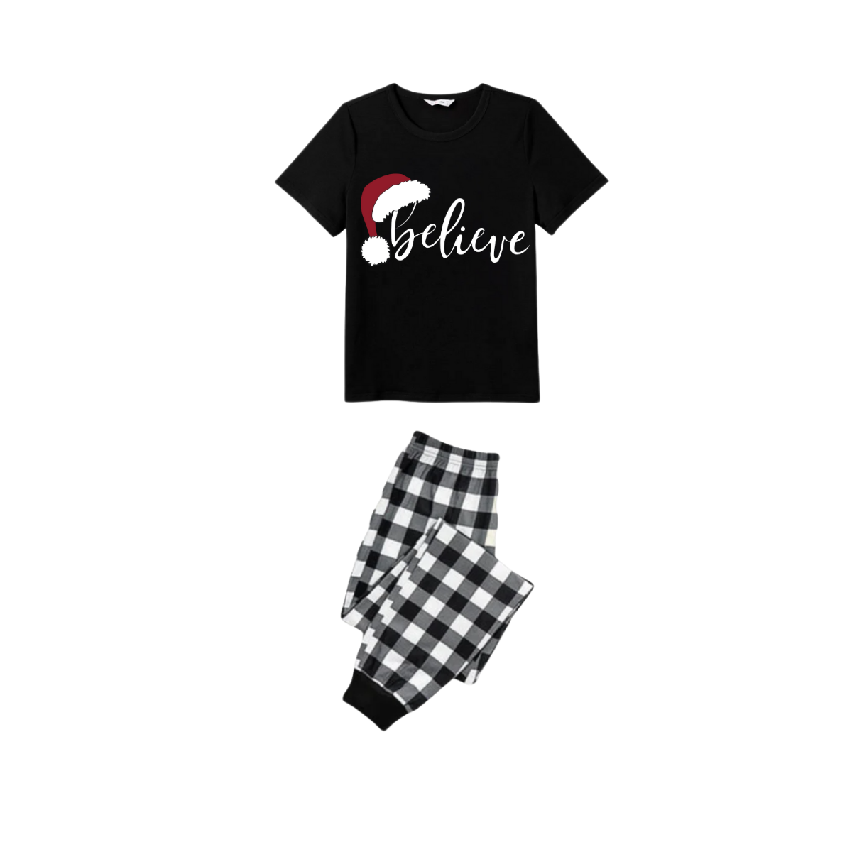 Believe Couple Christmas Pajamas Set - Black Top Black and White Plaid Pants White Text Graphic