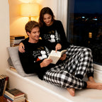 Couple Black and White Plaid Matching Pajamas "Let it Snow" Text and Snowman Prints