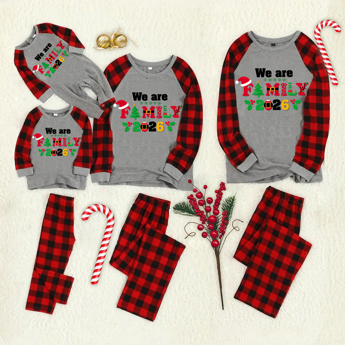 Christmas We are Family 2026 Letter Print Black & Red Plaid Family Matching Grey Pajamas With Dog