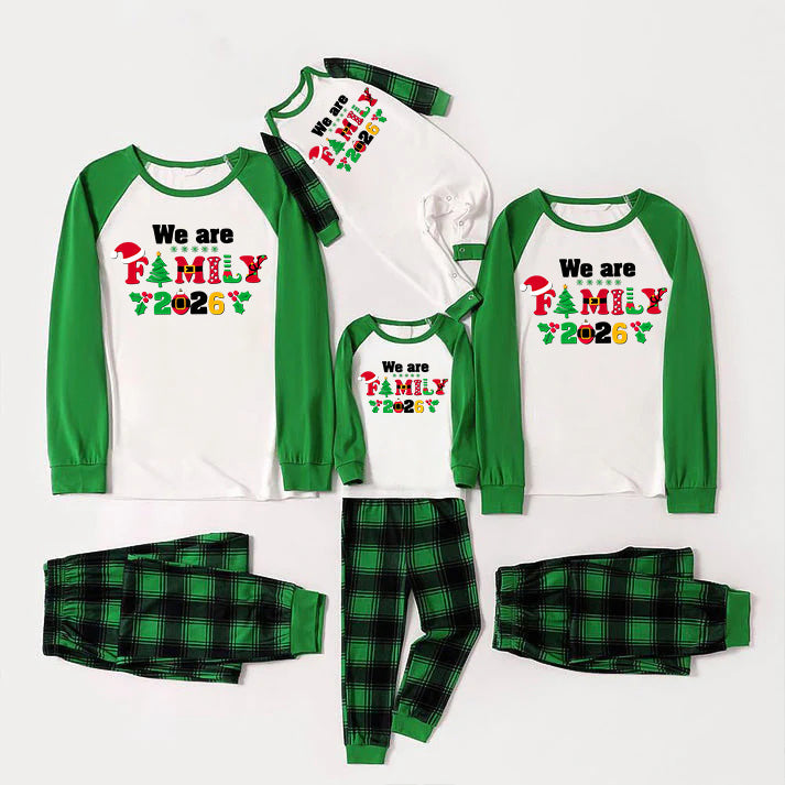 Christmas We are Family 2026 Letter Print Green Rotator Cuff Top With Green & Black Plaid Family Matching Pajamas