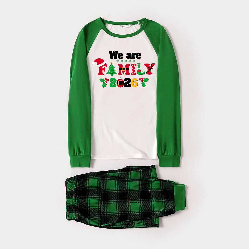 Christmas We are Family 2026 Letter Print Green Rotator Cuff Top With Green & Black Plaid Family Matching Pajamas