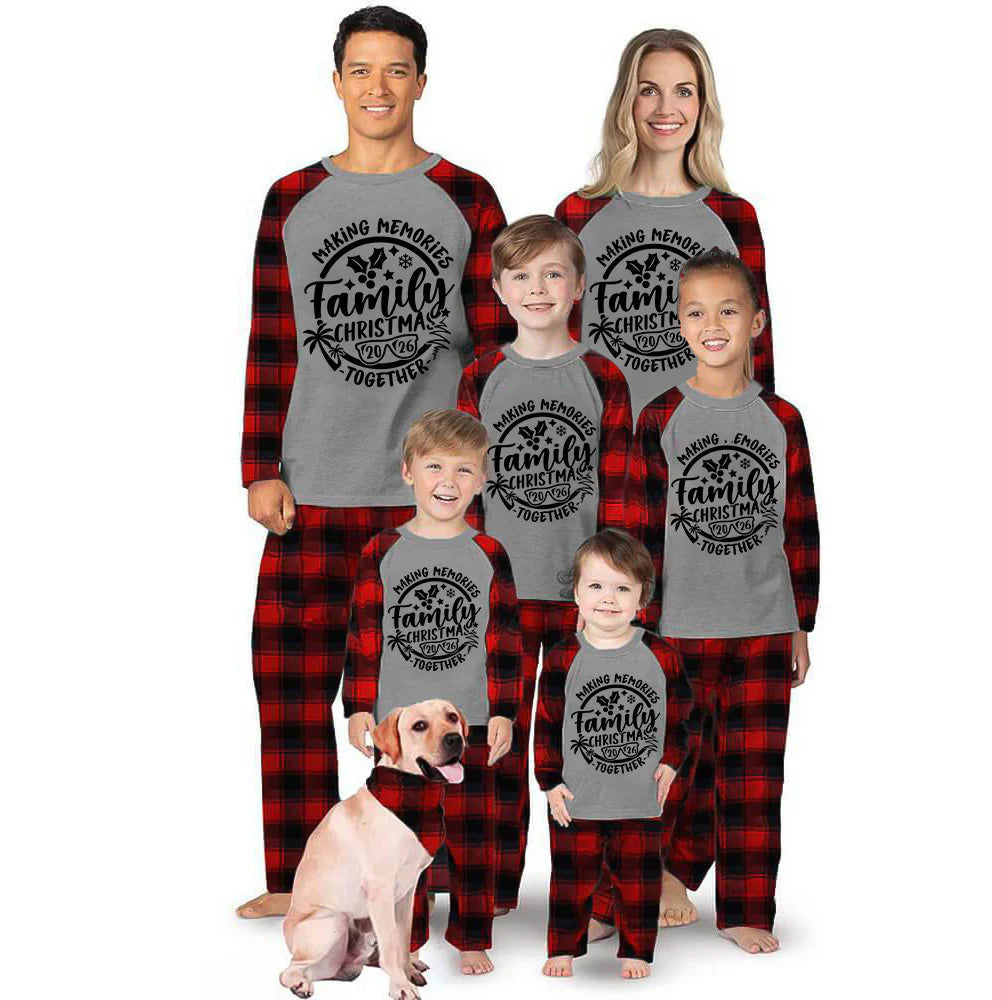Christmas Make Memories Together 2026 Print  Black & Red Plaid Family Matching Grey Pajamas With Dog bandana