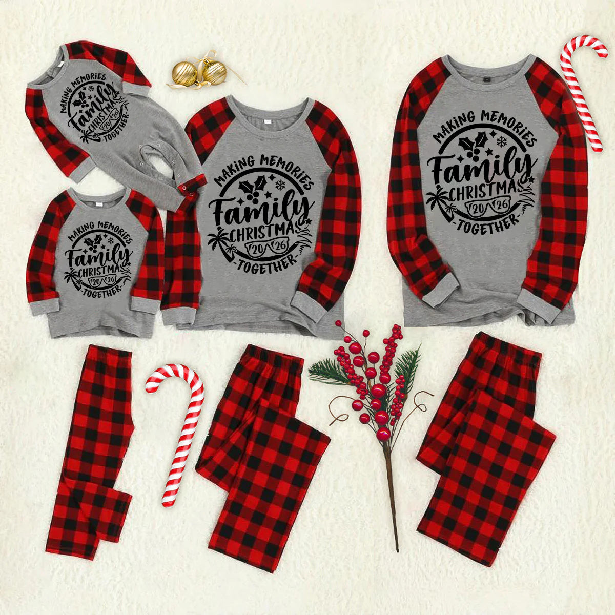 Christmas Make Memories Together 2026 Print  Black & Red Plaid Family Matching Grey Pajamas With Dog bandana