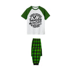 Making Memories Together Family Christmas 2026 Pajamas Set - White Top Green Sleeves Green Plaid Pants Black Text Graphic