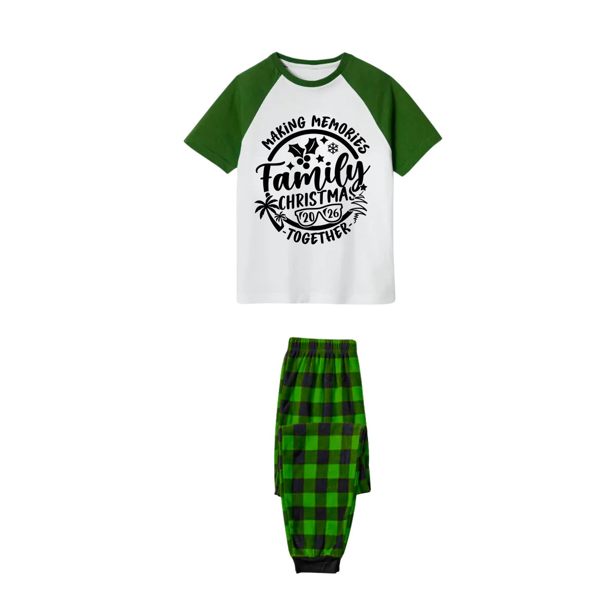 Making Memories Together Family Christmas 2026 Pajamas Set - White Top Green Sleeves Green Plaid Pants Black Text Graphic