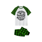 Making Memories Together Family Christmas 2026 Pajamas Set - White Top Green Sleeves Green Plaid Pants Black Text Graphic