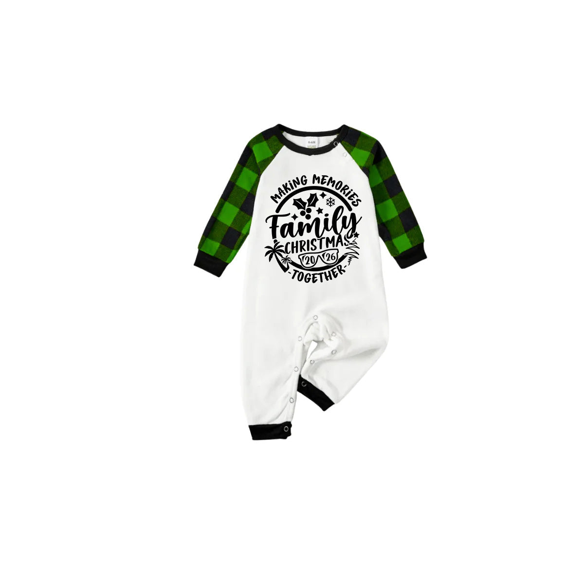 Making Memories Together Family Christmas 2026 Pajamas Set - White Top Green Sleeves Green Plaid Pants Black Text Graphic