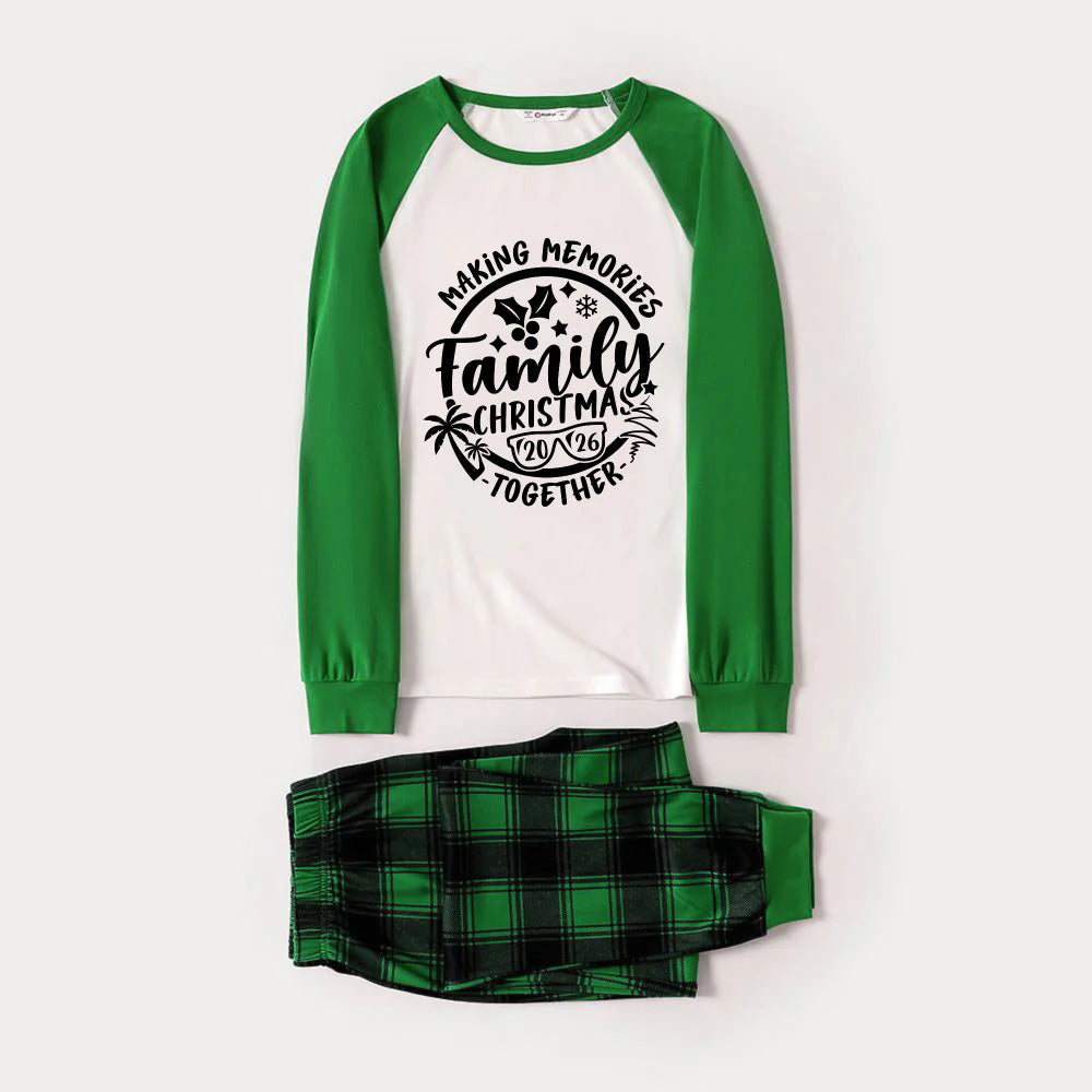 Christmas Make Memories Together 2026 Print Green Rotator Cuff Top With Green & Black Plaid Family Matching Pajamas With Dog