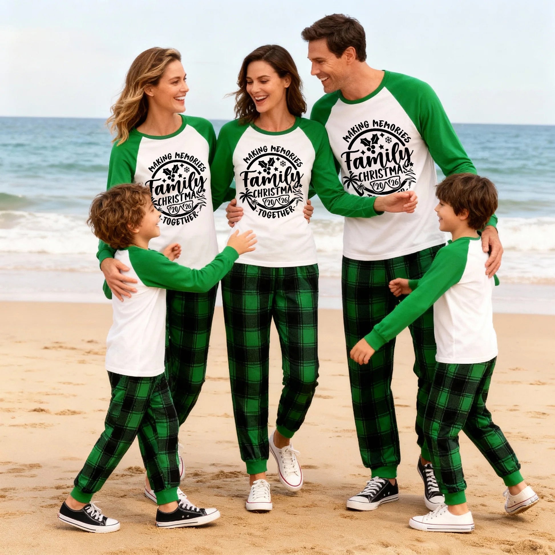 Christmas Make Memories Together 2026 Print Green Rotator Cuff Top With Green & Black Plaid Family Matching Pajamas With Dog