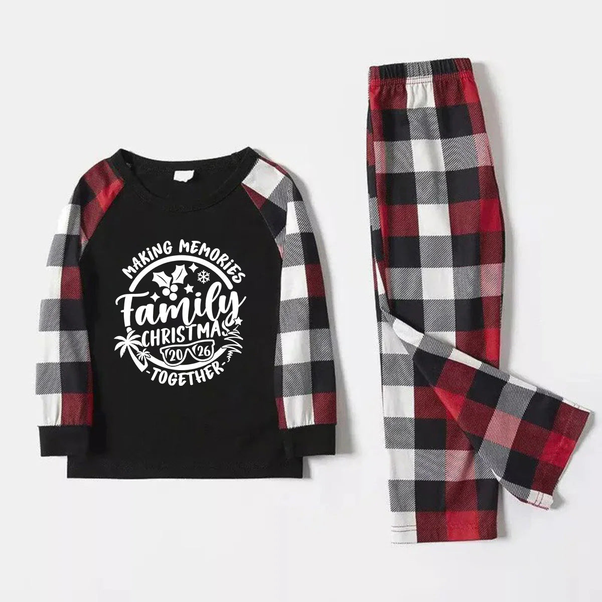 Christmas Make Memories Together 2026 Print Red & Black & Grey & White Plaid Family Matching Pajamas With Dog