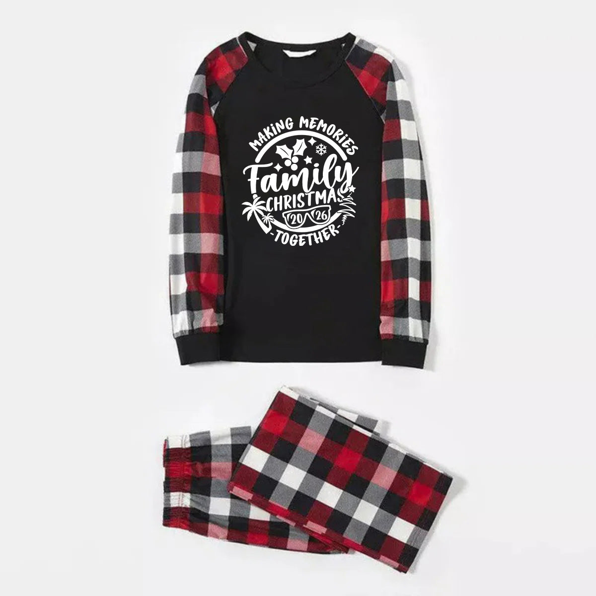 Christmas Make Memories Together 2026 Print Red & Black & Grey & White Plaid Family Matching Pajamas With Dog