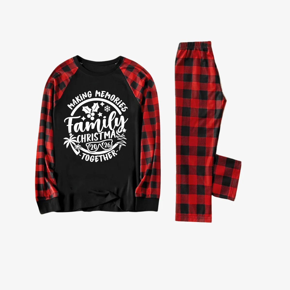 Christmas Make Memories Together 2026 Print Black & Red Plaid Family Matching Black Pajamas With Dog bandana