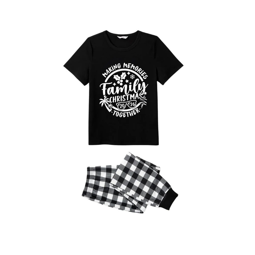 Making Memories Together Family Christmas 2026 Pajamas Set - Black Top Black and White Plaid Pants White Graphic Text