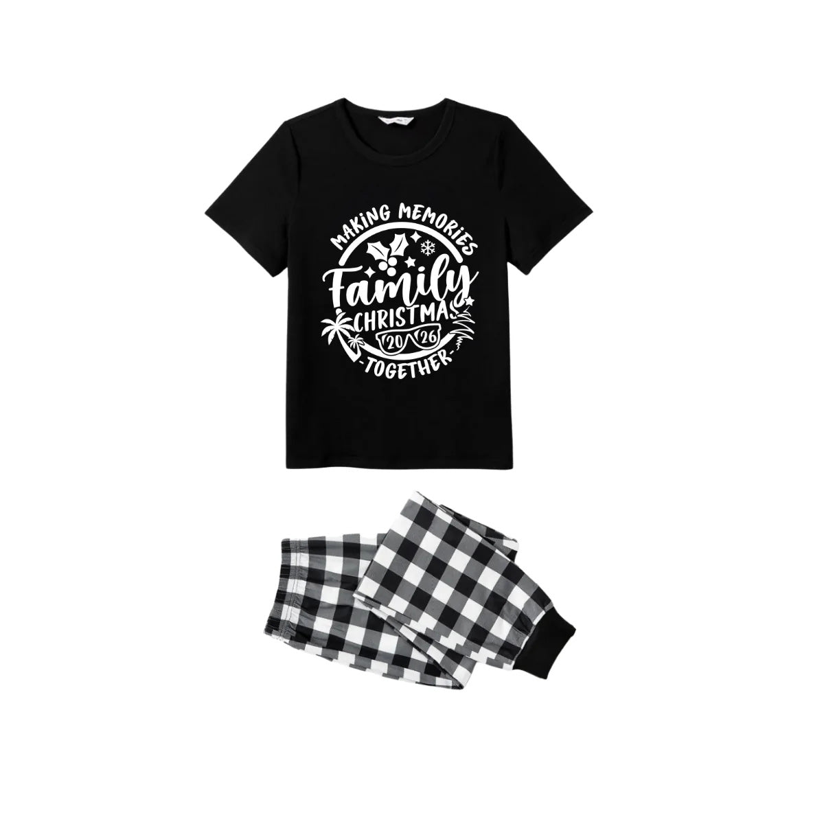 Making Memories Together Family Christmas 2026 Pajamas Set - Black Top Black and White Plaid Pants White Graphic Text