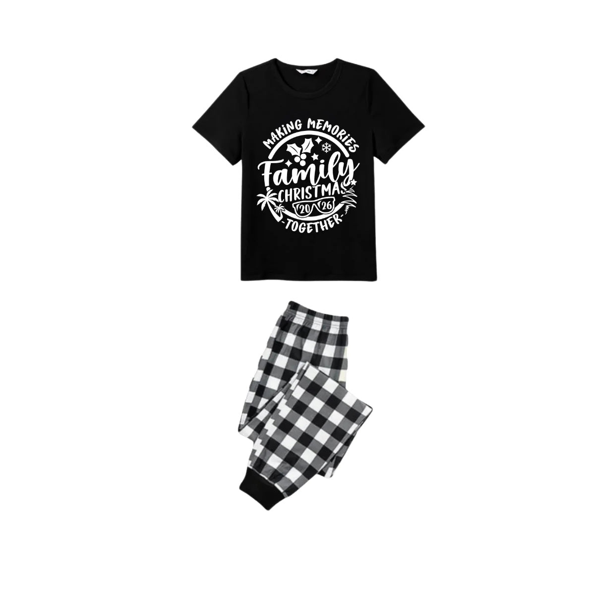 Making Memories Together Family Christmas 2026 Pajamas Set - Black Top Black and White Plaid Pants White Graphic Text