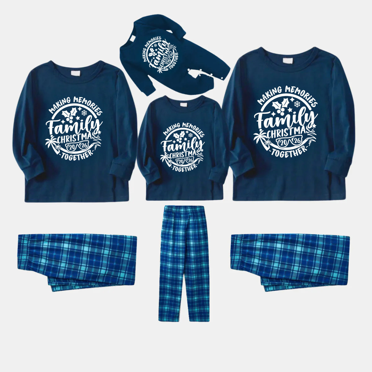Christmas Make Memories Together 2026 Print Blue Long Sleeve Top With Blue&Green Plaid Family Matching Pajamas