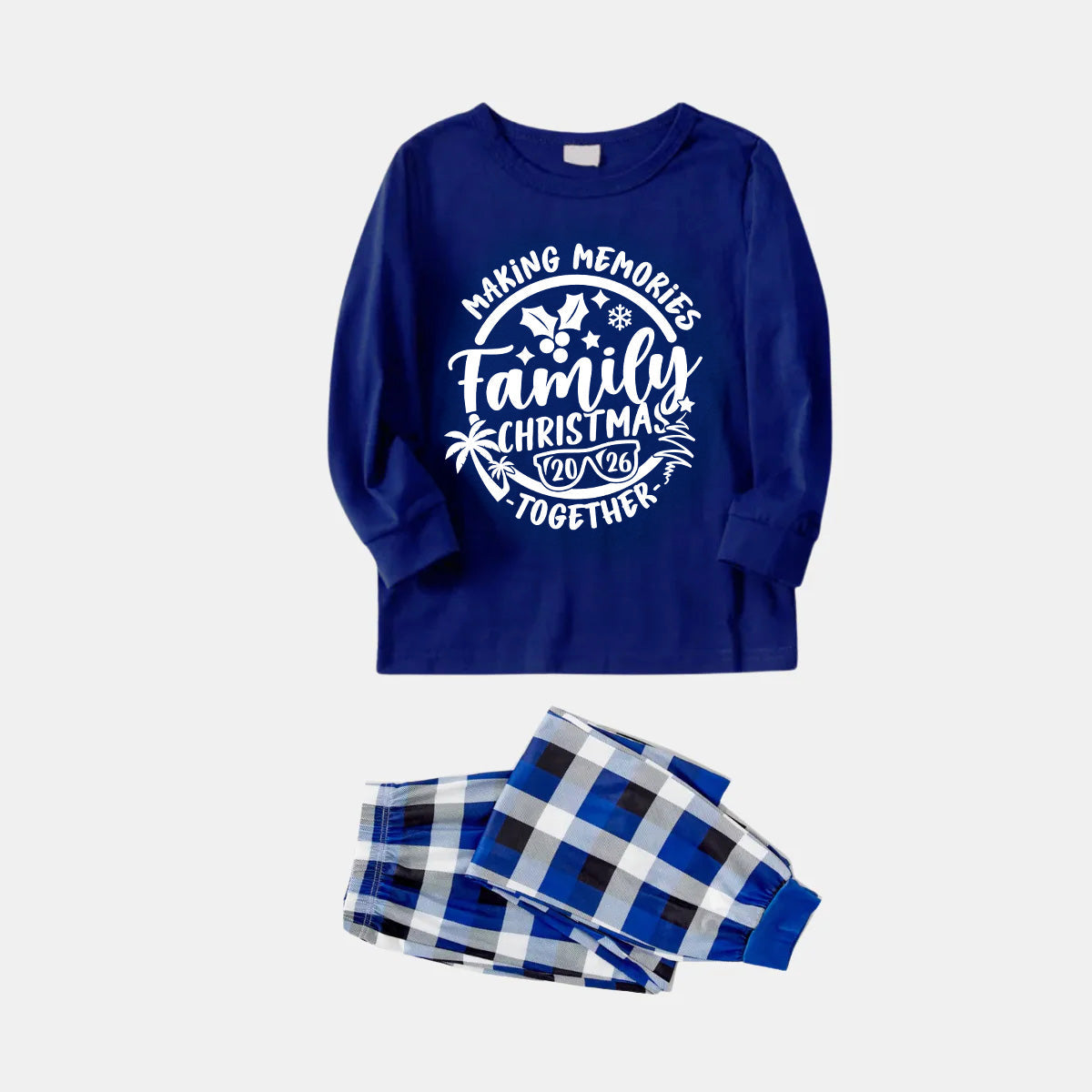 Christmas Make Memories Together 2026 Print Blue and White Plaid Family Matching Pajamas