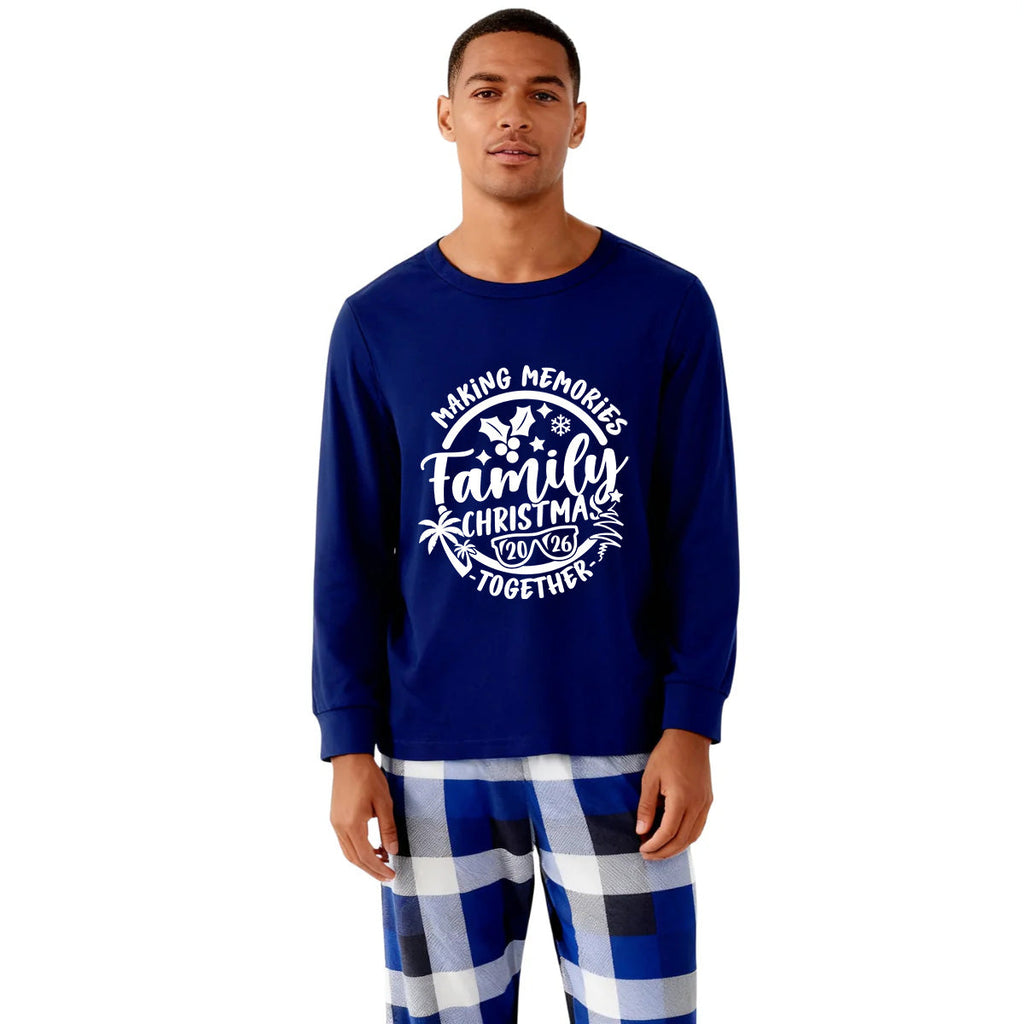 "2026 Family Christmas Making Memories Together" Printed Blue and White Plaid Family Matching Pajamas