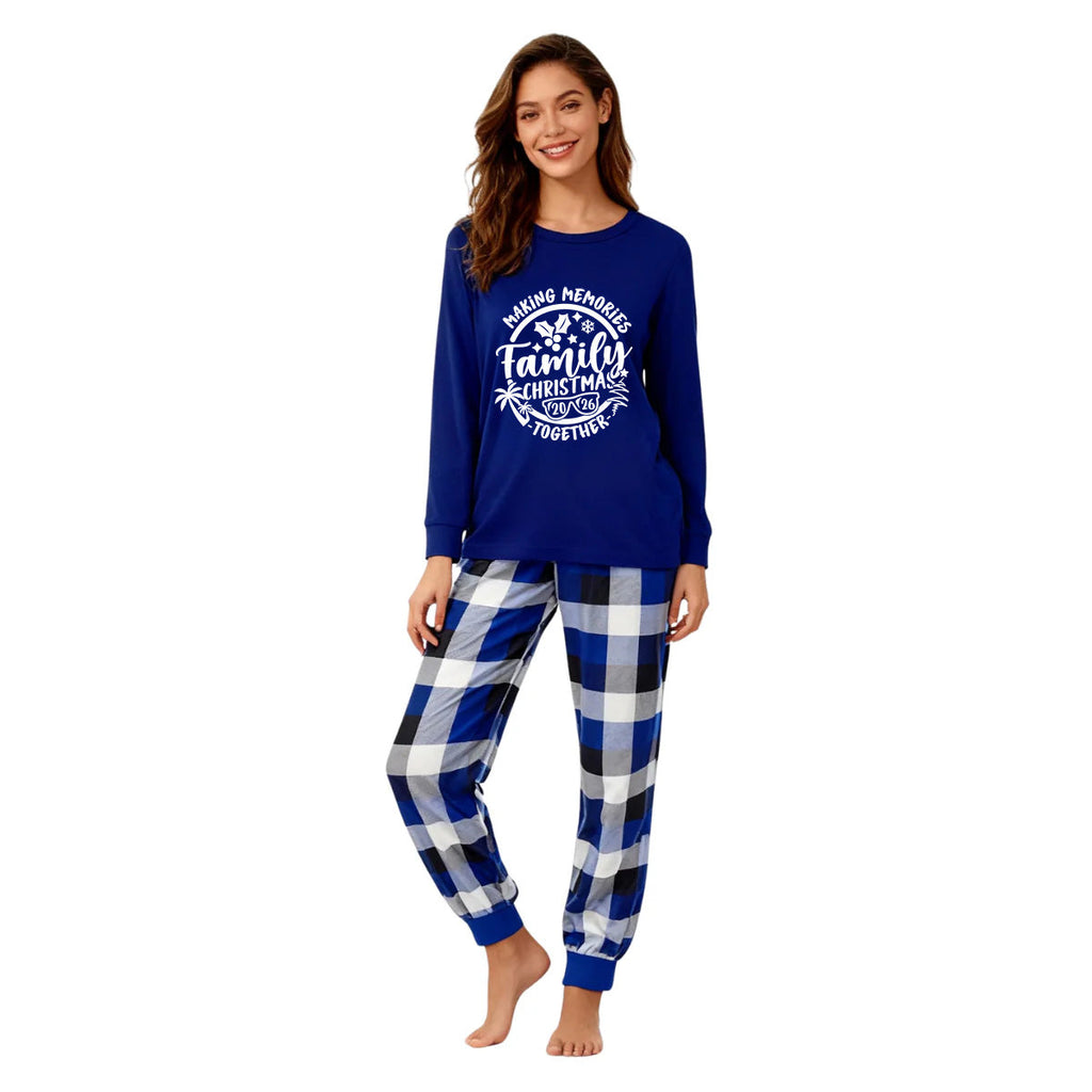 "2026 Family Christmas Making Memories Together" Printed Blue and White Plaid Family Matching Pajamas
