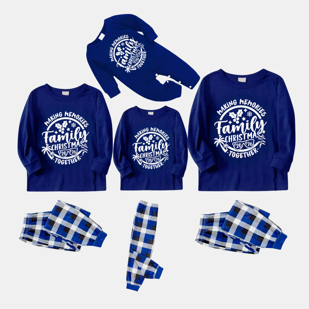 "2026 Family Christmas Making Memories Together" Printed Blue and White Plaid Family Matching Pajamas