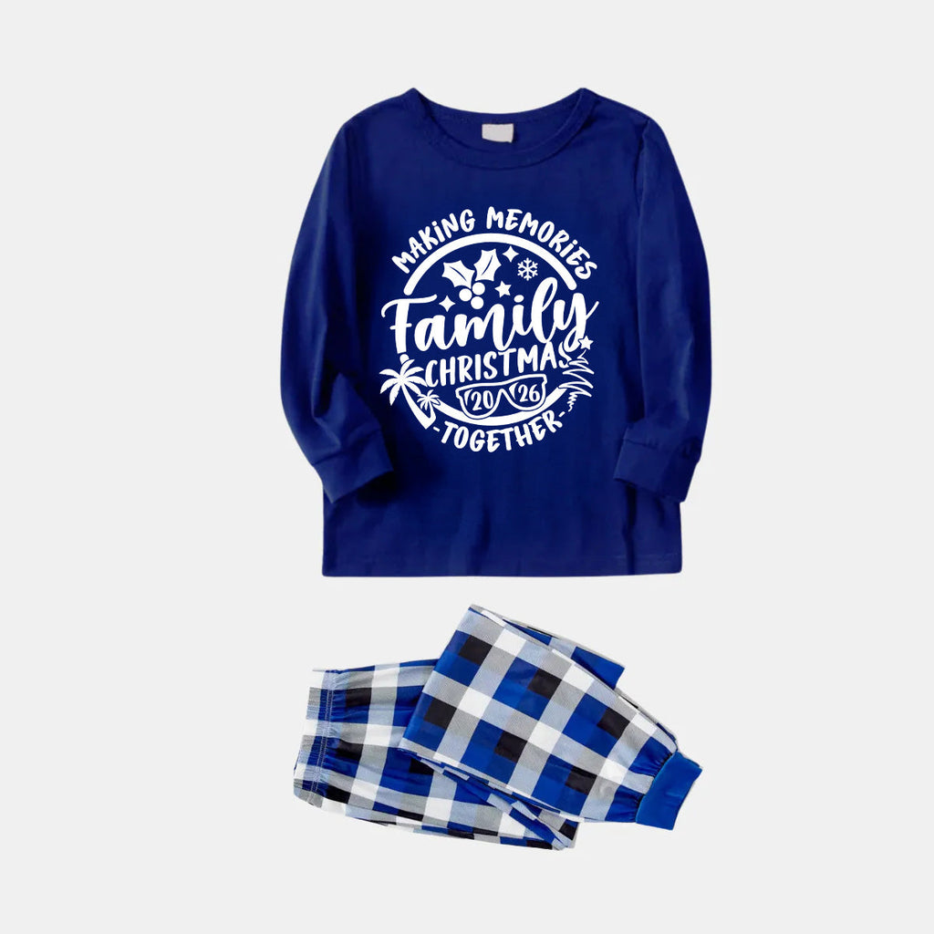 "2026 Family Christmas Making Memories Together" Printed Blue and White Plaid Family Matching Pajamas