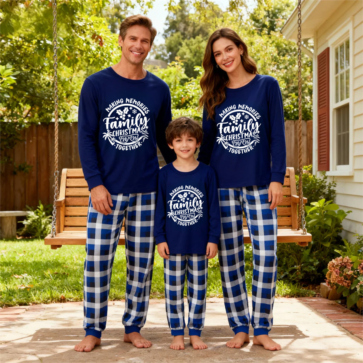 "2026 Family Christmas Making Memories Together" Printed Blue and White Plaid Family Matching Pajamas