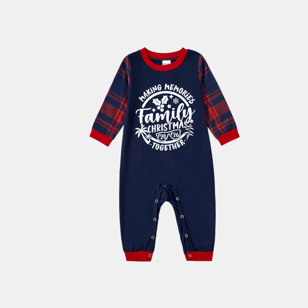 Christmas Make Memories Together 2026 Print Blue Long Sleeve Top with Red & Blue Plaid Family Matching Pajamas
