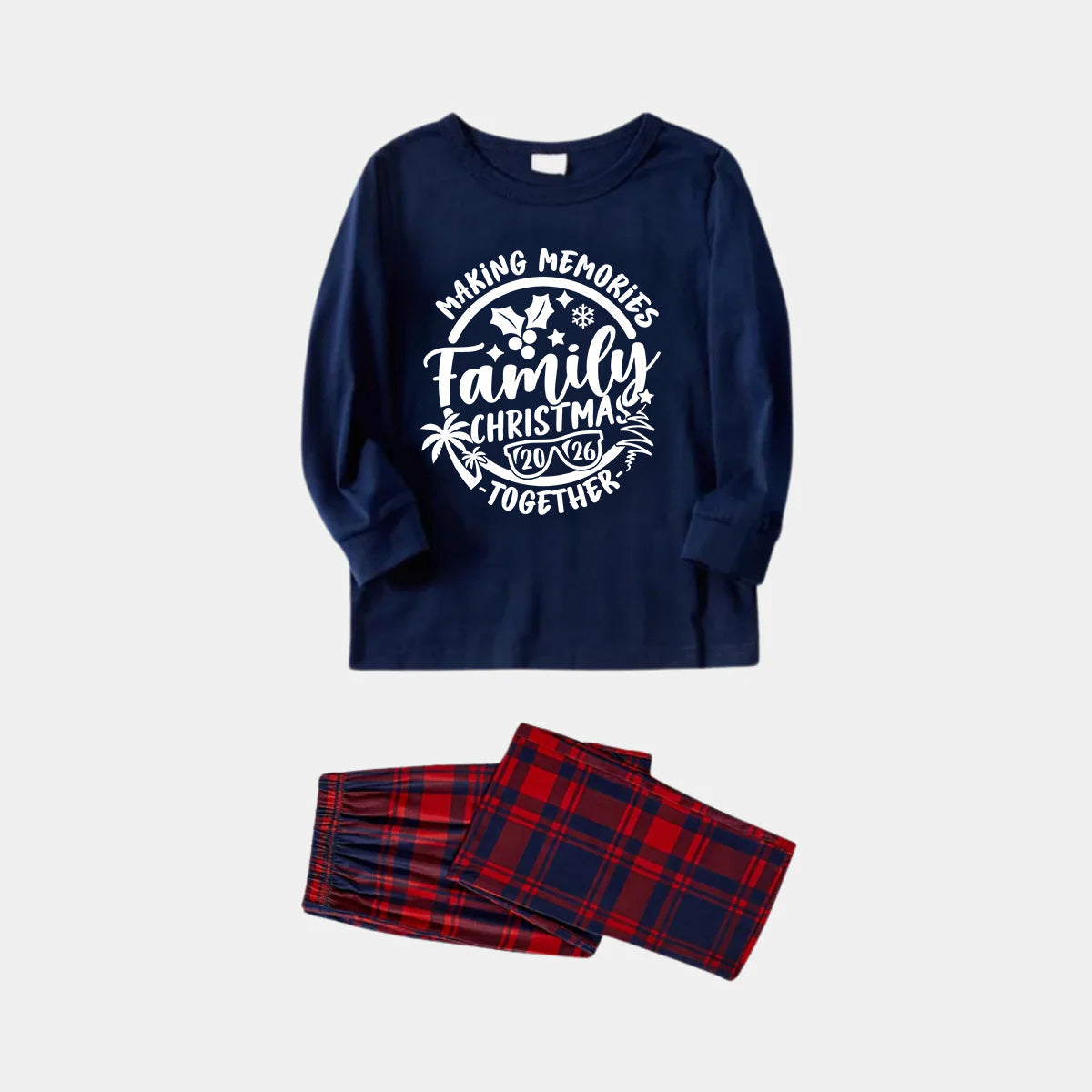Christmas Make Memories Together 2026 Print Blue Long Sleeve Top with Red & Blue Plaid Family Matching Pajamas