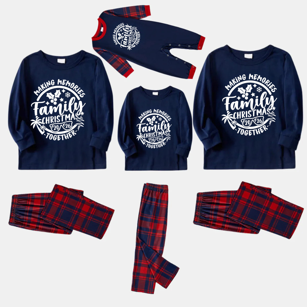 Christmas Make Memories Together 2026 Print Blue Long Sleeve Top with Red & Blue Plaid Family Matching Pajamas
