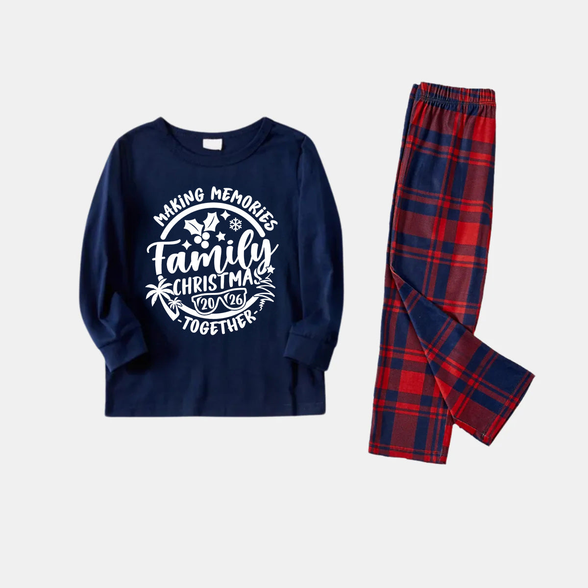 Christmas Make Memories Together 2026 Print Blue Long Sleeve Top with Red & Blue Plaid Family Matching Pajamas