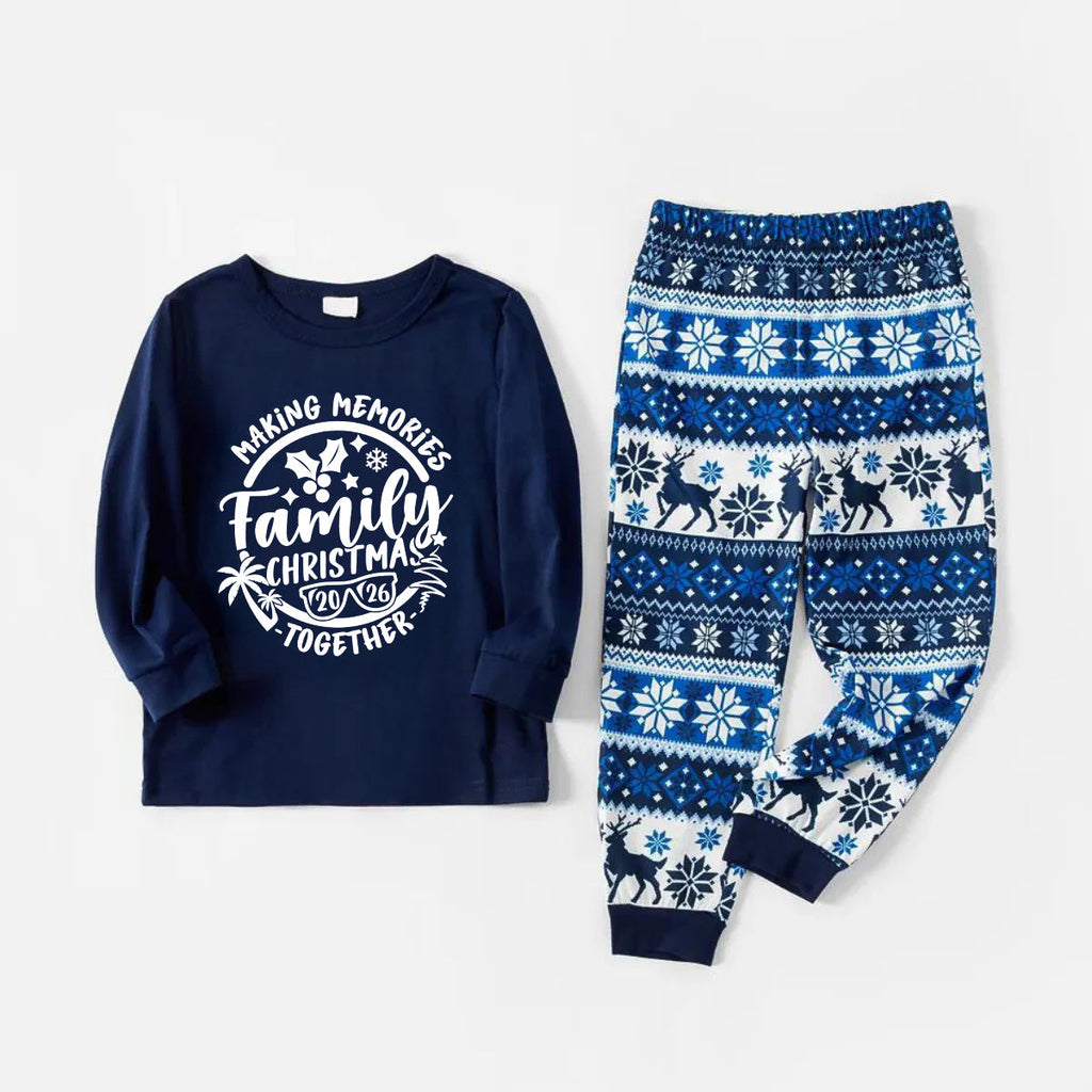 Christmas Make Memories Together 2026 Print Blue Family Matching Pajamas With Dog bandana