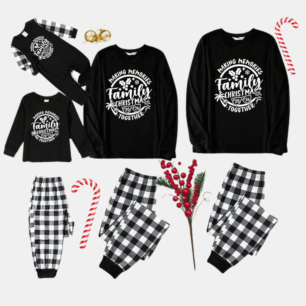 Christmas Make Memories Together 2026 Print Black Long Sleeve Top with Black And White Plaid Pants Family Matching Pajamas