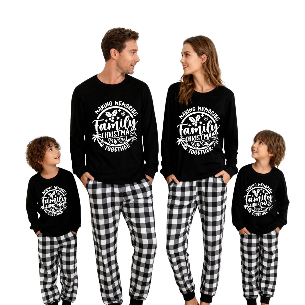 Christmas Make Memories Together 2026 Print Black Long Sleeve Top with Black And White Plaid Pants Family Matching Pajamas