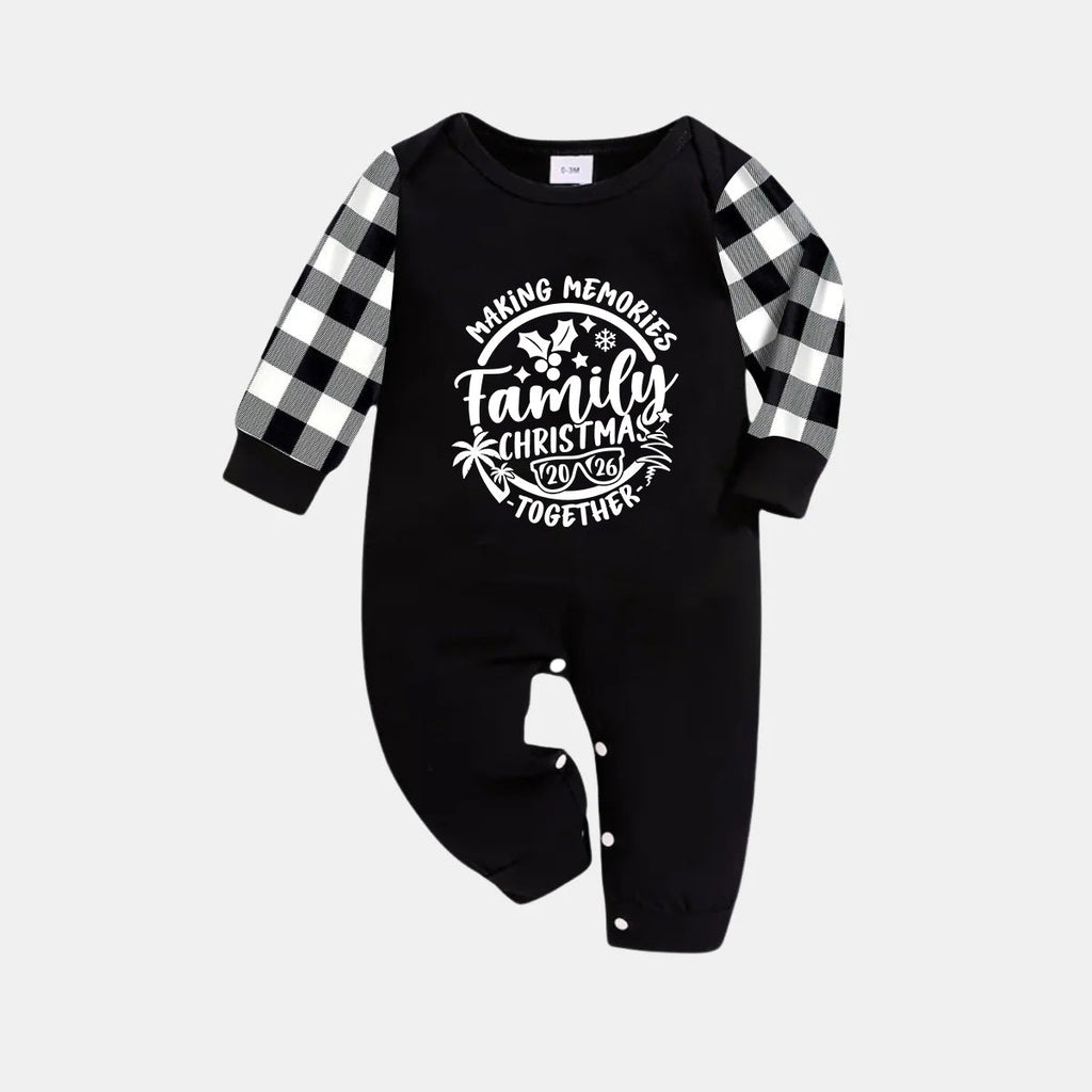 Christmas Make Memories Together 2026 Print Black Long Sleeve Top with Black And White Plaid Pants Family Matching Pajamas