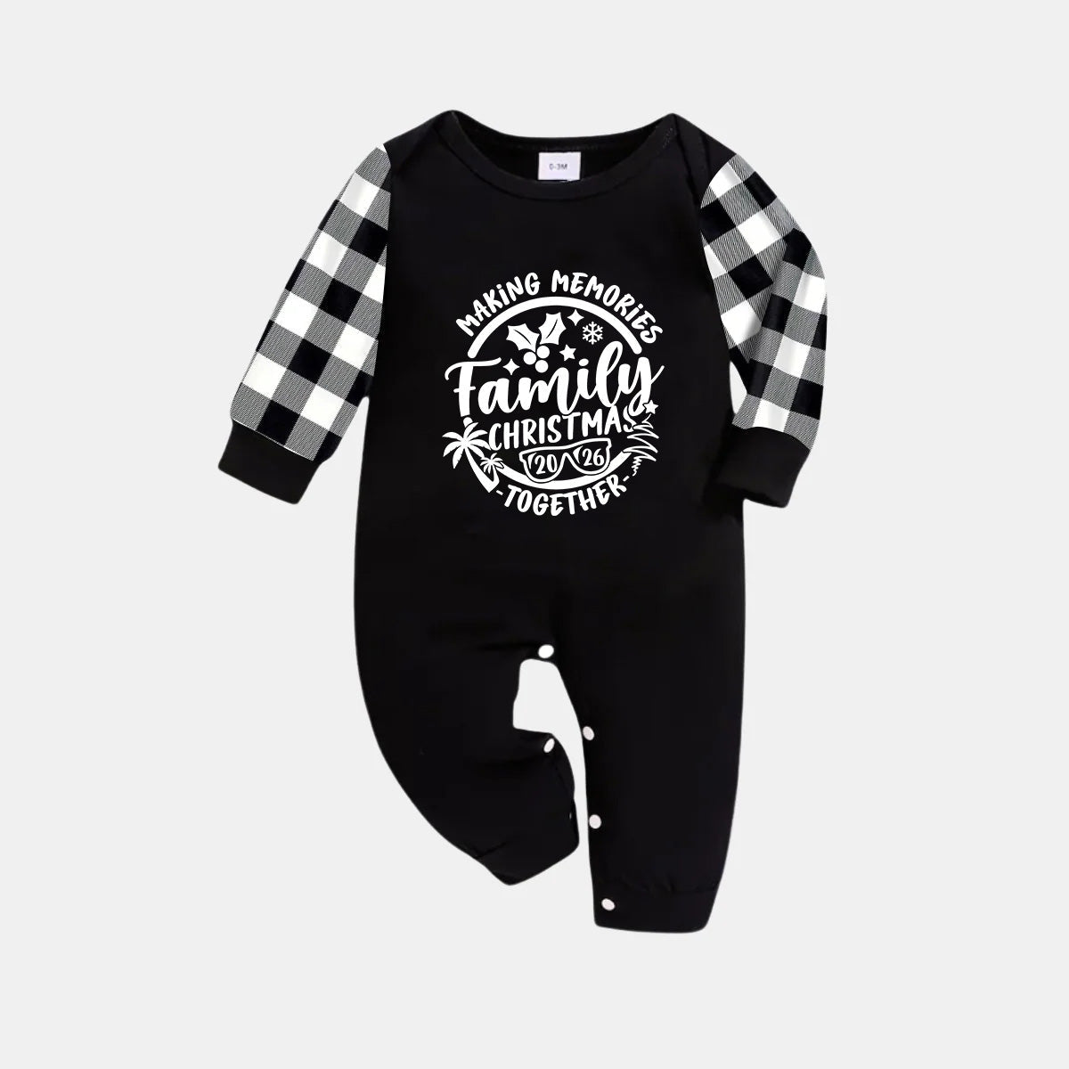Christmas Make Memories Together 2026 Print Black Long Sleeve Top with Black And White Plaid Pants Family Matching Pajamas