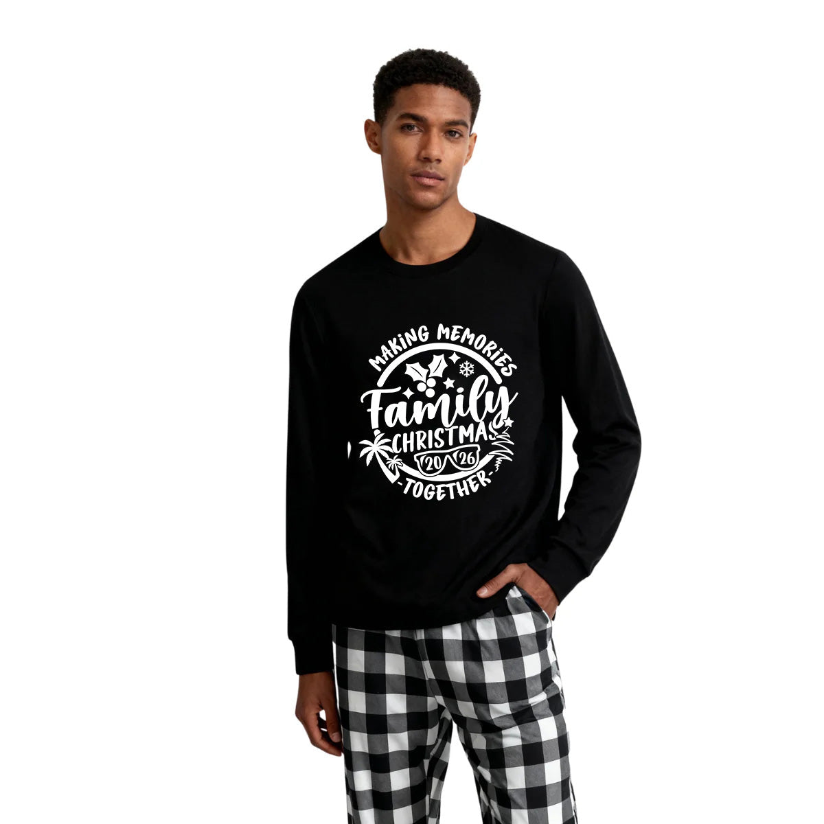 Christmas Make Memories Together 2026 Print Black Long Sleeve Top with Black And White Plaid Pants Family Matching Pajamas