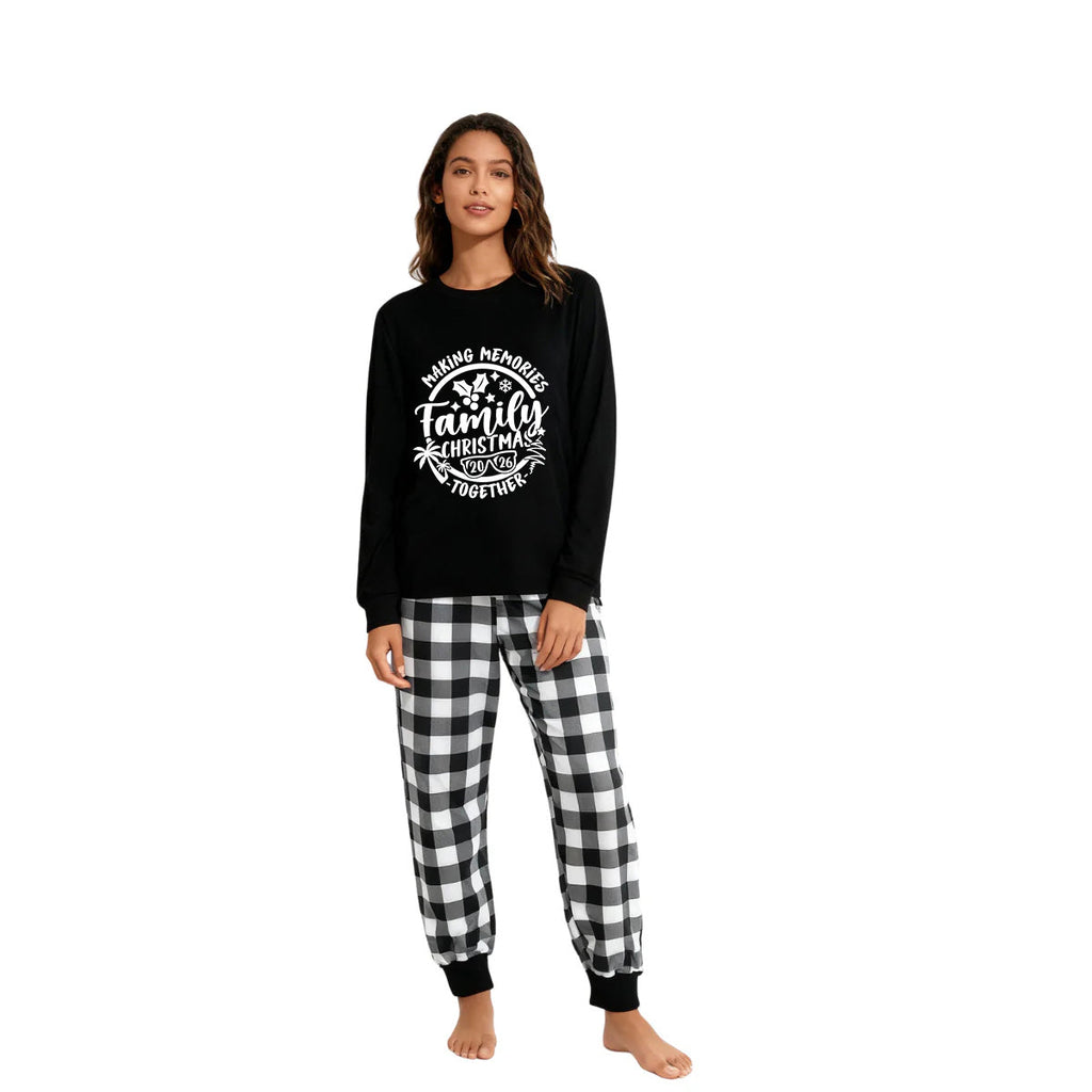 Christmas Make Memories Together 2026 Print Black Long Sleeve Top with Black And White Plaid Pants Family Matching Pajamas