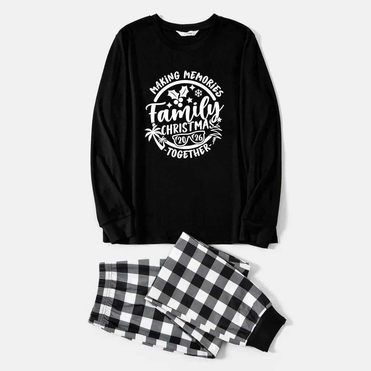 Christmas Make Memories Together 2026 Print Black Long Sleeve Top with Black And White Plaid Pants Family Matching Pajamas