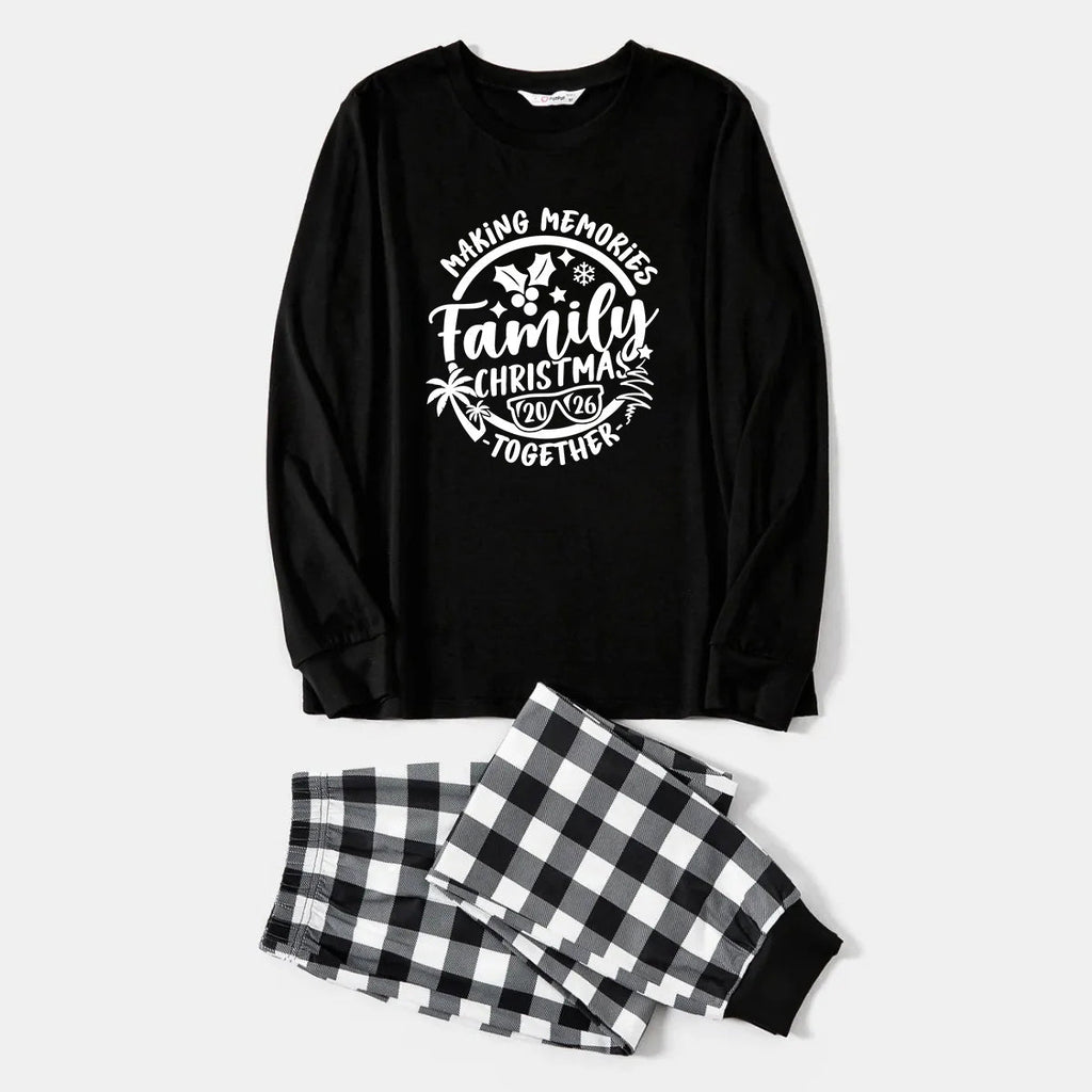 Christmas Make Memories Together 2026 Print Black Long Sleeve Top with Black And White Plaid Pants Family Matching Pajamas