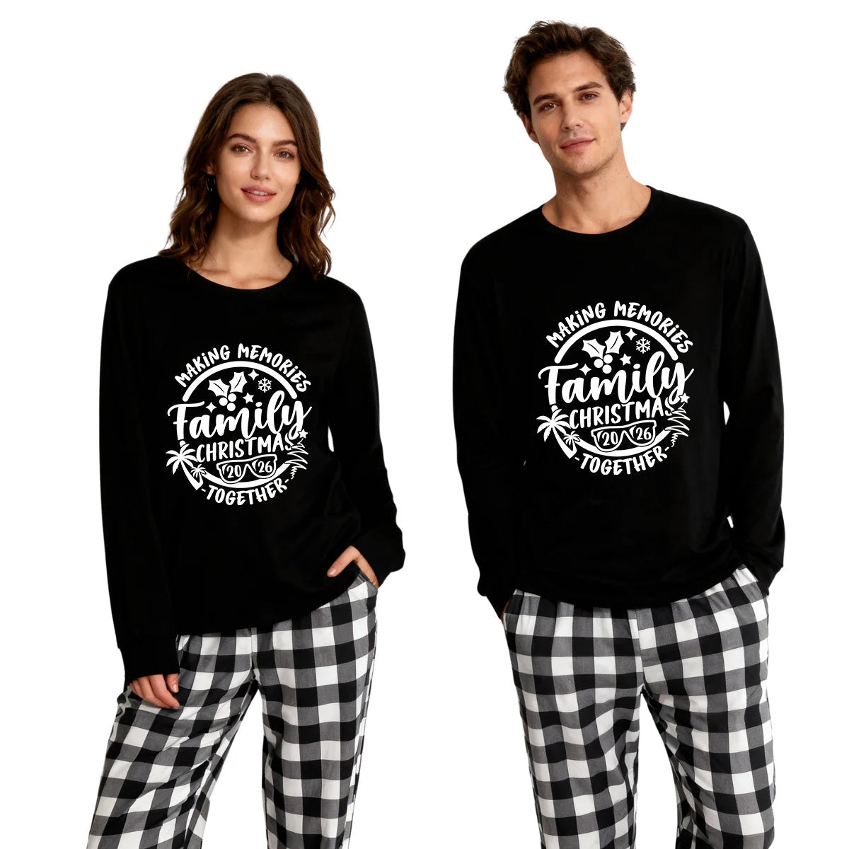 Christmas Make Memories Together 2026 Print Black Long Sleeve Top with Black And White Plaid Pants Family Matching Pajamas