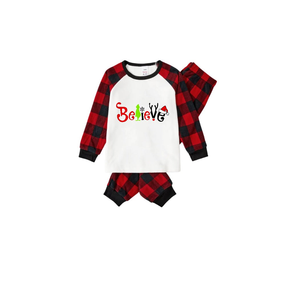 Christmas 2025 "Believe" Letter White Long Sleeve Top and Red & Black Plaid Pants Family Matching Pajamas