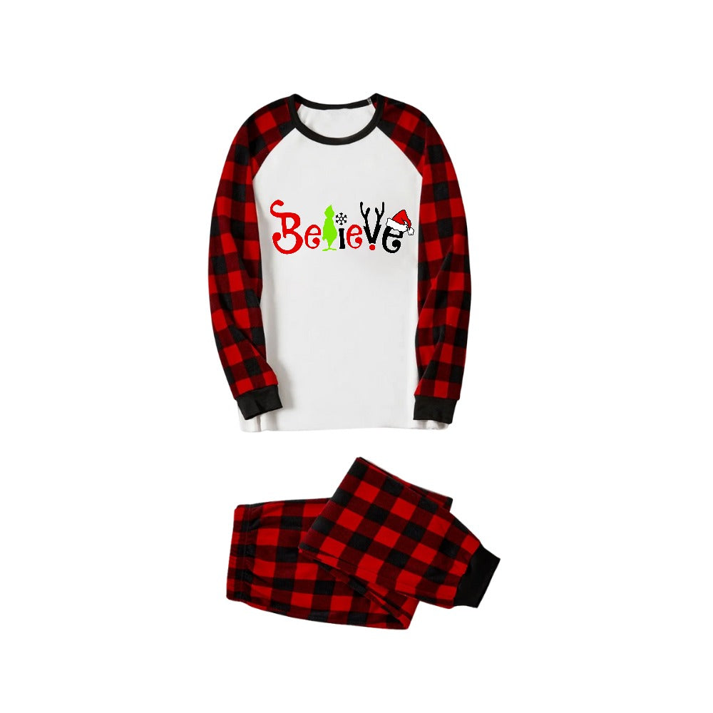 Christmas 2025 "Believe" Letter White Long Sleeve Top and Red & Black Plaid Pants Family Matching Pajamas