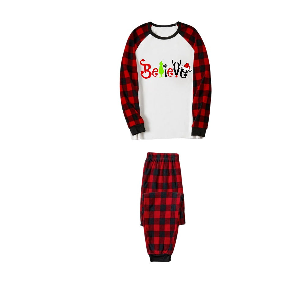 Christmas 2025 "Believe" Letter White Long Sleeve Top and Red & Black Plaid Pants Family Matching Pajamas