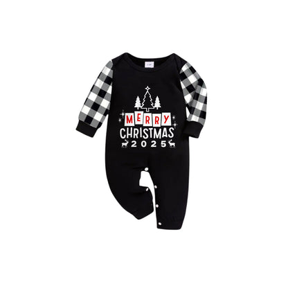 Black and White Plaid Short Sleeve Christmas Family Pajamas Set With "Merry Christmas 2025" and Christmas Tree Print