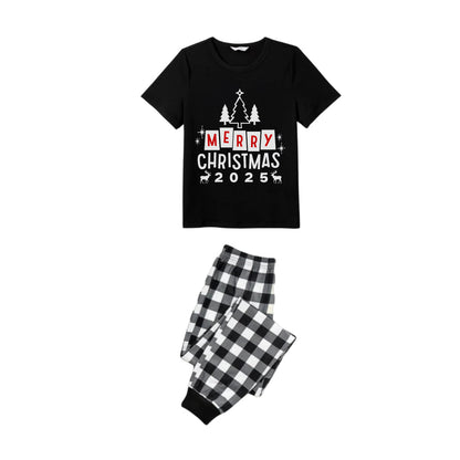 Black and White Plaid Short Sleeve Christmas Family Pajamas Set With "Merry Christmas 2025" and Christmas Tree Print