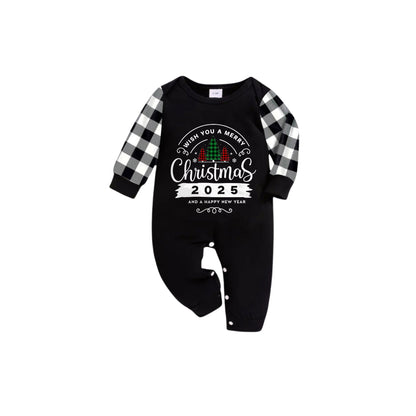 Black and White Plaid Short Sleeve Christmas Family Pajamas Set With "Wish You A Merry Christmas 2025 and Happy New Year" Print