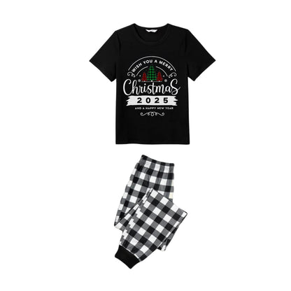 Black and White Plaid Short Sleeve Christmas Family Pajamas Set With "Wish You A Merry Christmas 2025 and Happy New Year" Print