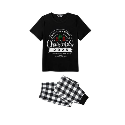 Black and White Plaid Short Sleeve Christmas Family Pajamas Set With "Wish You A Merry Christmas 2025 and Happy New Year" Print