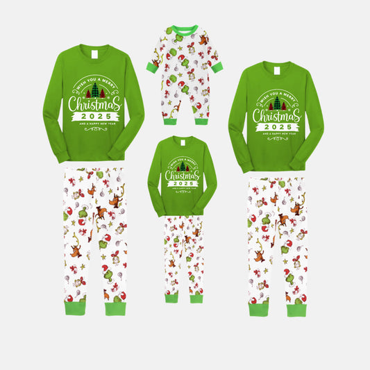 Christmas Family Matching Pajamas-Green Top and Grinch Pants Pjs Set with "Wish You A Merry Christmas 2025" Print