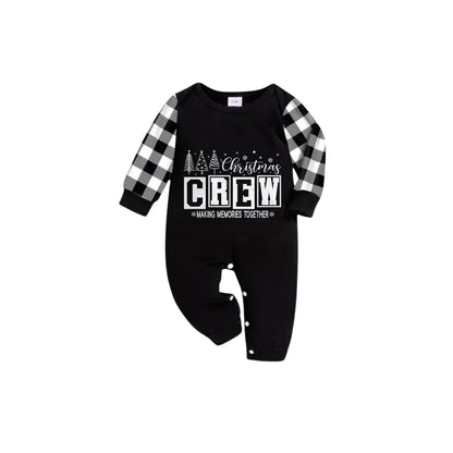 Black and White Plaid Short Sleeve Christmas Family Pajamas Set With "Christmas Crew Making Memories Together" Print